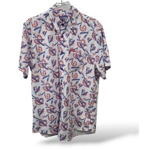 Dixxon Mens SZ L Button Down Shirt High and Tight Nautical Barber White Blue